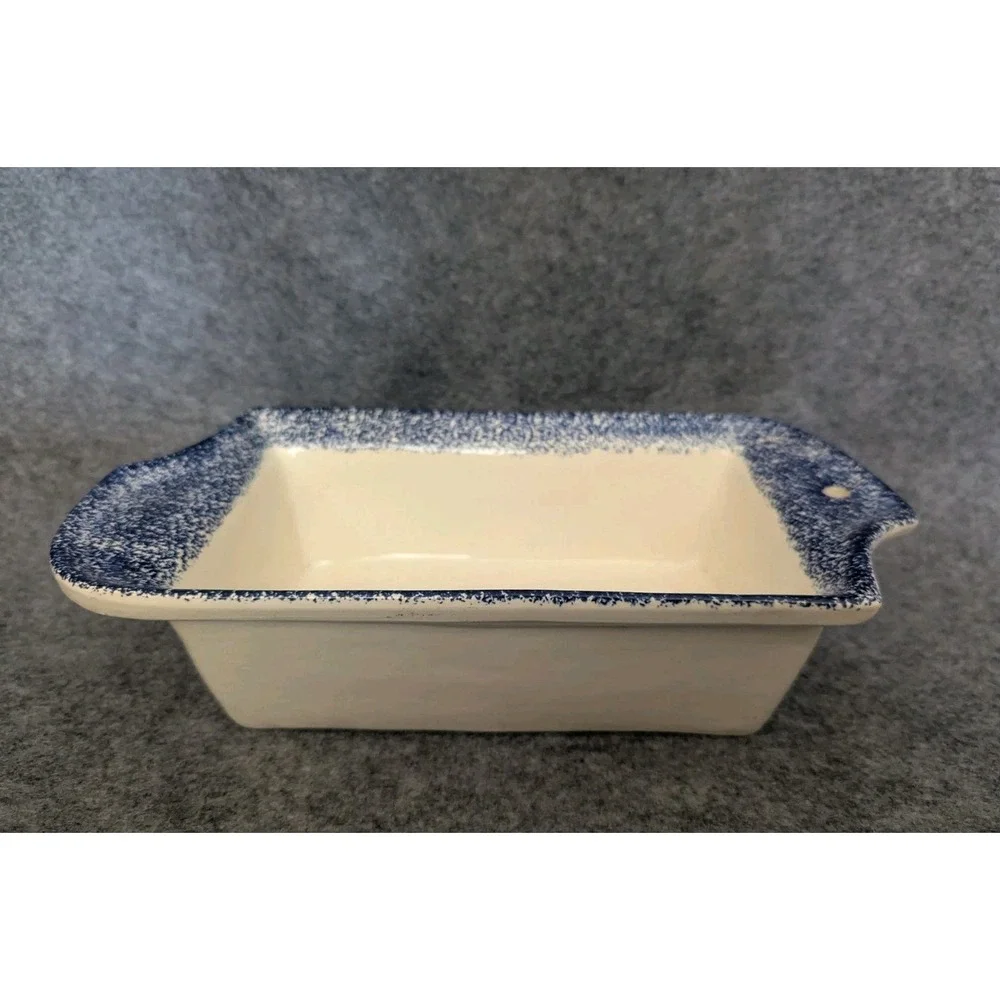 Vtg Flat Earth Pottery Blue Sponge Design Baking Loaf Pan 3.5x7.0x2.0(Inner)